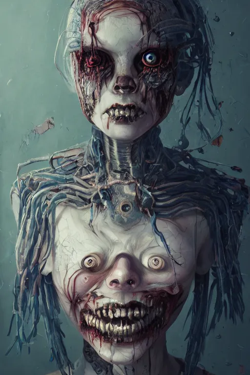 Image similar to portrait of a creepy horror punk girl . intricate abstract. intricate artwork. nightmare fuel. terrifying. by Tooth Wu, wlop, dan mumford , trending on artstation, greg rutkowski very coherent symmetrical artwork. cinematic, hyper realism, high detail, octane render, 8k