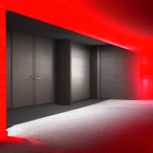 Prompt: a bunker door surrounded by red lights, 3d render, unreal engine style, ray tracing, high detail