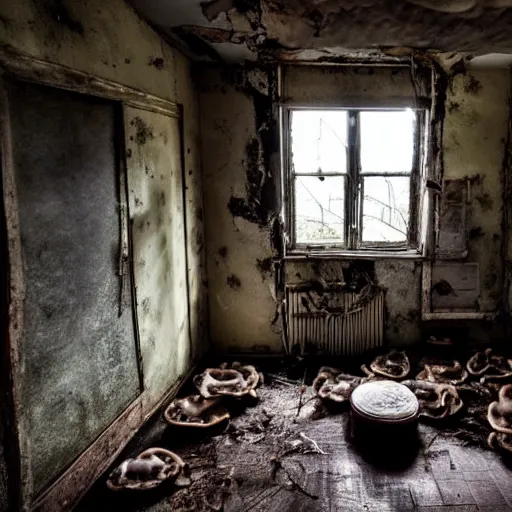 Image similar to a room in a creepy, dilapidated house filled with mushrooms and the decaying bodies of ancient warriors