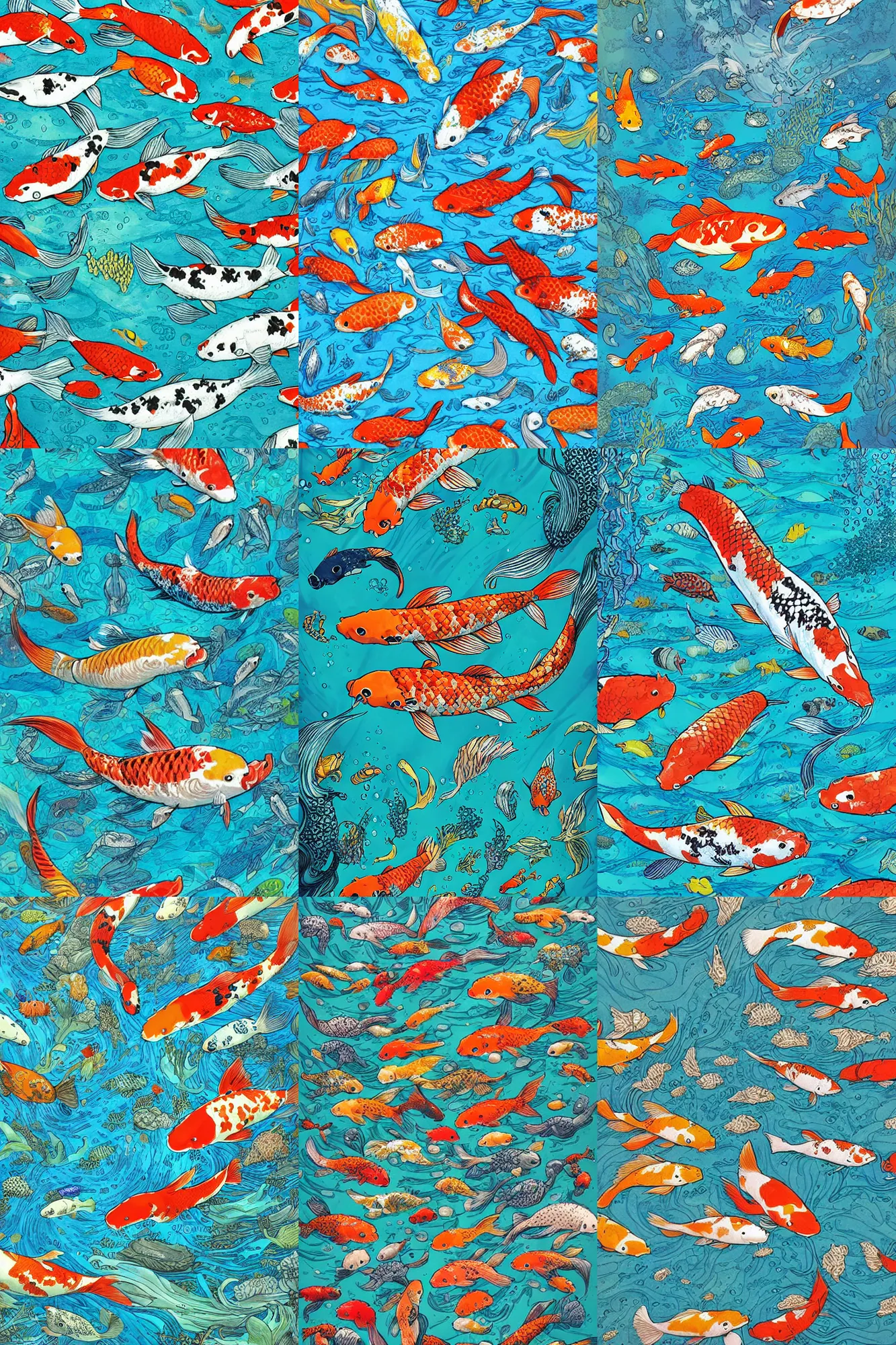 Prompt: koi fishes swimming in the underwater empire of aquaman, illustrated by james jean