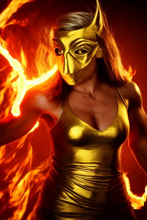 Image similar to a woman wearing golden mask, hair like fire, muscular, in dark soul