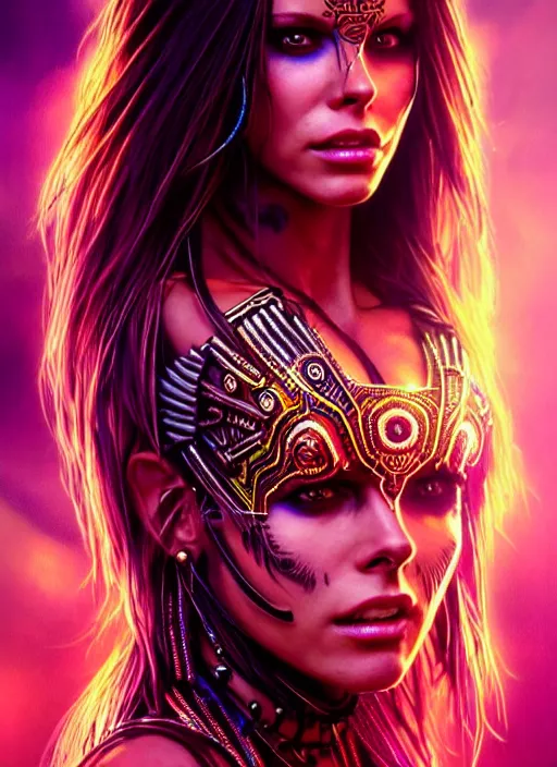 Prompt: hyper detailed ultra sharp aztec underworld warrior trance girl, beautiful face, kate beckinsale. trending on artstation, warpaint aesthetic, earthwave, colorful, neon, ornate, intricate, digital painting, concept art, smooth, sharp focus, illustration, art by artgerm and greg rutkowski and h. r. giger, 8 k