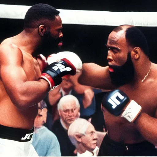 Image similar to mr. t punching joe biden in the ufc octagon, detailed facial expressions, 1 9 8 0 s aesthetic