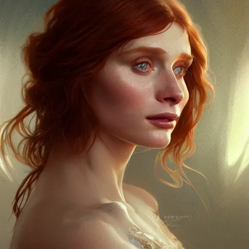 Image similar to beautiful natural Bryce Dallas Howard, intricate, elegant, highly detailed, digital painting, artstation, concept art, smooth, sharp focus, illustration, art by artgerm and greg rutkowski and alphonse mucha and loish and WLOP