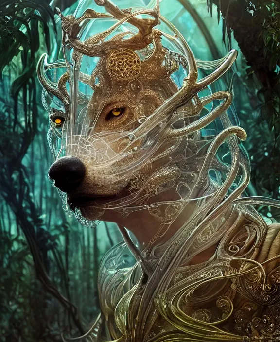 Image similar to exquisite, intricate ornate opulent transparent clear see - through portrait of a terrifying beautiful male alien wolf, mottled coloring, adorable, childlike, overgrown jungle environment, ultra realistic, concept art, art nouveau, photorealistic, octane render, 8 k, unreal engine. art by christopher marley and artgerm and greg rutkowski and alphonse mucha