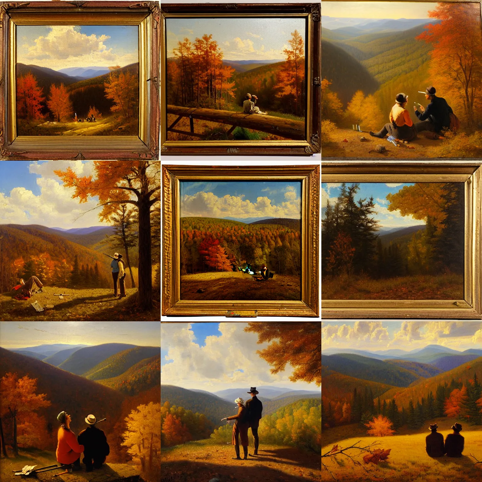 Prompt: a couple smoking cigarettes on a cabin roof, looking over the autumn west virginia wilderness, oil on canvas painting by william sydney mount