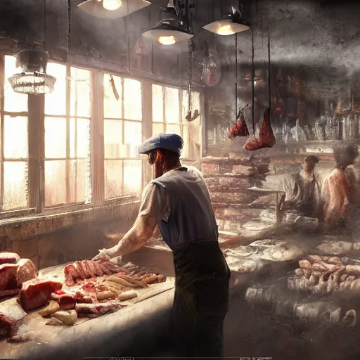 Prompt: the butcher working hard in a butcher shop, digital painting, artstation, concept art, craig mullins, breathtaking, 8 k resolution, extremely detailed, beautiful, establishing shot, artistic, hyperrealistic, octane render, cinematic lighting, dramatic lighting, masterpiece, light brazen, extremely detailed and beautiful face