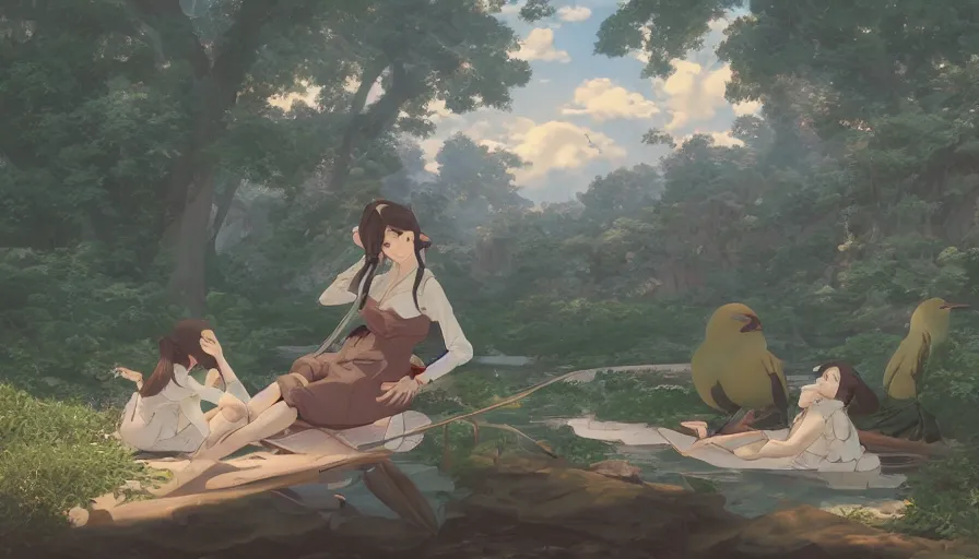 Image similar to john james audubon, serene evening atmosphere, soft lens, soft light, cel - shading, animation, in the style of cgsociety, deviantart, artstation, zbrush, cinema 4 d, studio ghibli, akihiko yoshida, atelier lulua, masamune shirow