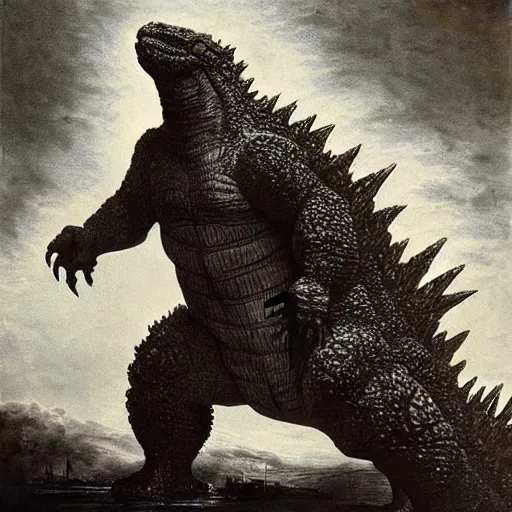 Prompt: godzilla by rembrandt