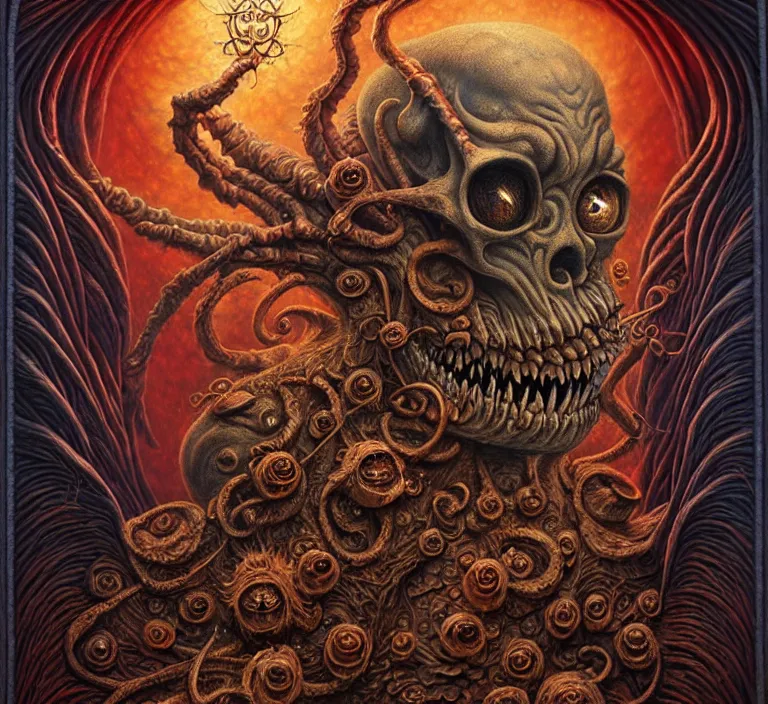 Image similar to A beautiful detailed grotesque monster super cute tarot card, by tomasz alen kopera and Justin Gerard, symmetrical features, ominous, magical realism, texture, intricate, ornate, royally decorated, skull, skeleton, whirling smoke, embers, red adornements, red torn fabric, radiant colors, fantasy, trending on artstation, volumetric lighting, micro details, 3d sculpture, ray tracing, 8k, anaglyph effect, digital art