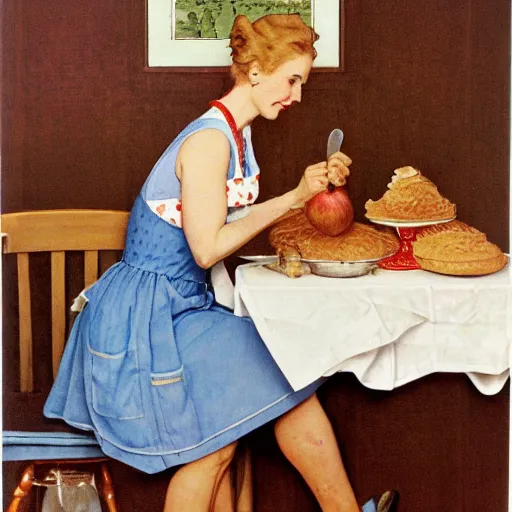 Image similar to housewife putting a hot apple pie on kitchen table, light blue dress, apron, sticking up her middle finger, artwork of norman rockwell