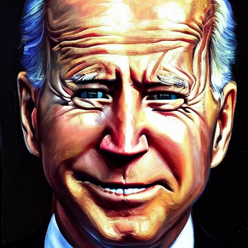 Image similar to Highly detailed close-up painting of President Joe Biden’s face, slight smirk, single tear rolling down his cheek, dark background, reflection of fire in his eyes, oil on canvas, painting by Chuck Close in the style of Hans Memling