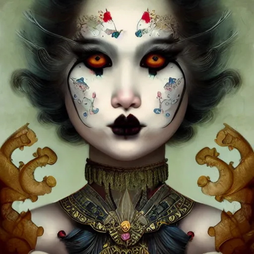 Image similar to ultra realist soft painting of a single attractive asian female clown with gothic makeup smiling in a long dress, curiosities carnival, symmetry accurate features, very intricate details, focus, curvy, artstyle by Tom Bagshaw, award winning