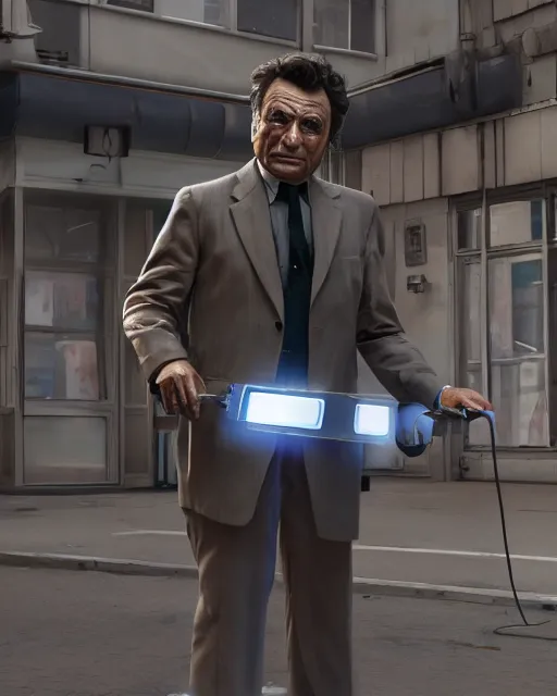Prompt: Peter Falk's Detective Columbo as a droid, hyperdetailed, full body, LED effects, glowing eyes, professional paint job, standing in a city street, distressed paint, photoreal, caustics, octane render, redshift render, Vray render, all in focus, unreal engine, post processing, ultra detailed, trending on artstation