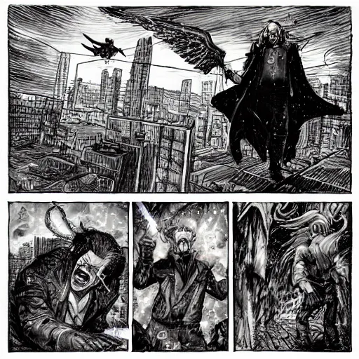 Image similar to a modern day mage fighting a goetic daemon of Wrath on the rooftop of a pub on the outskirts of Brisbane. Modern supernatural horror art, in the style of Michael William Kaluta, Carlos Samuel Araya, and Al Williamson.