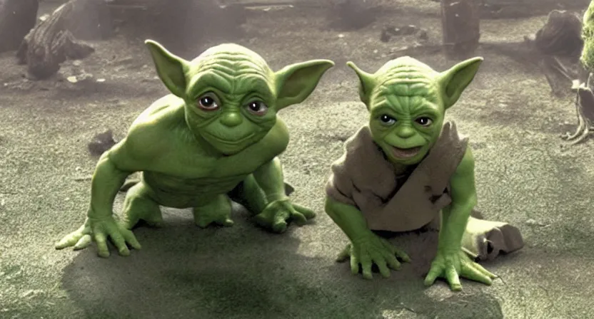 Prompt: a mix between Hulk and Yoda and Dobby and Gollum fighting robots, center frame medium shot, shot on technicolor cinemascope 35mm anamorphic lense, flare