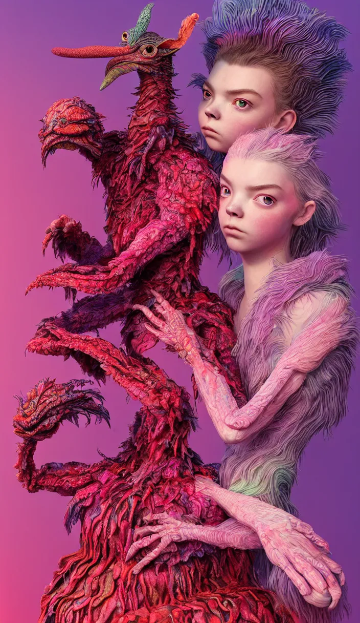 Image similar to hyper detailed 3d render like a Oil painting - kawaii portrait of two Aurora (a beautiful skeksis muppet fae princess protective playful silly from dark crystal that looks like Anya Taylor-Joy with mascara) seen red carpet photoshoot in UVIVF posing in scaly dress to Eat of the Strangling network of yellowcake aerochrome and milky Fruit and His delicate Hands hold of gossamer polyp blossoms bring iridescent fungal flowers whose spores black the foolish stars by Jacek Yerka, Ilya Kuvshinov, Mariusz Lewandowski, Houdini algorithmic generative render, Abstract brush strokes, Masterpiece, Edward Hopper and James Gilleard, Zdzislaw Beksinski, Mark Ryden, Wolfgang Lettl, hints of Yayoi Kasuma and Dr. Seuss, octane render, 8k