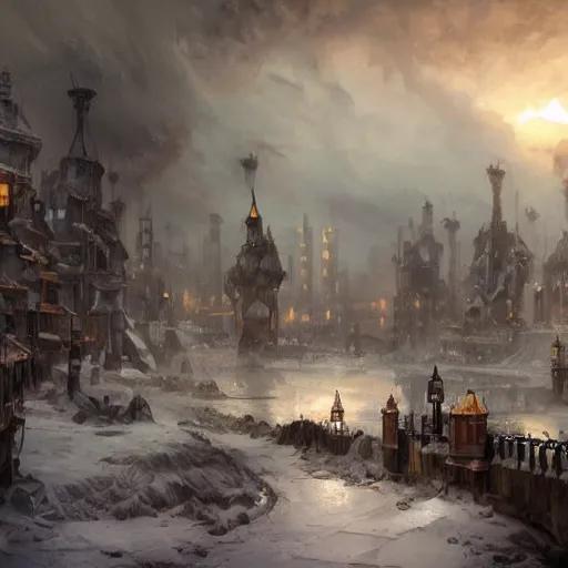 Prompt: a steampunk themed town tucked deep within ice terrain before a monstrous blue frost storm with violent clouds and frightening lightning, concept art, fantast, fantasy art, art by greg rutkowski and thomas kinkade