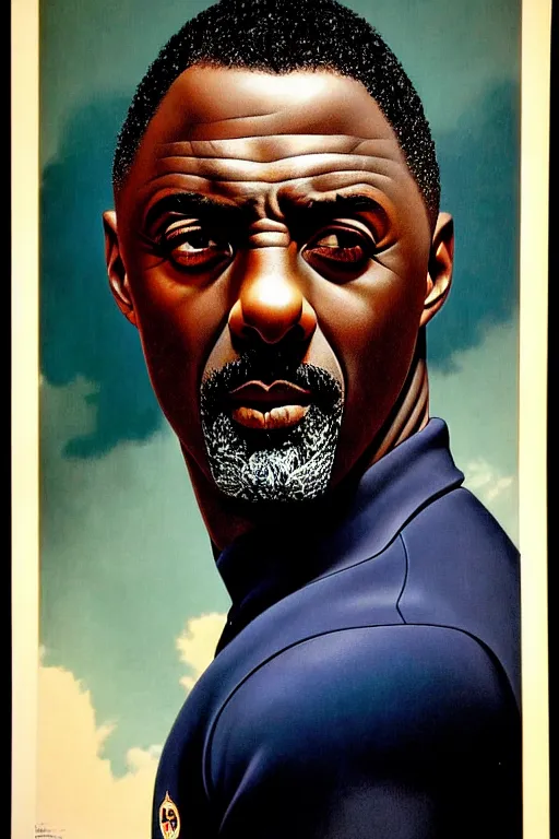 Image similar to idris elba portrait by gil elvgren and norman rockwell and rob gonsalves and hajime sorayama, hyperrealistic, high detail, ultra detailed, highly detailed face, ruffled fabric