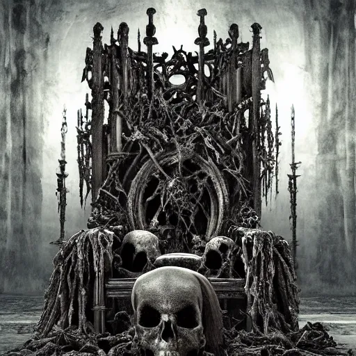 Prompt: a throne of skulls and bones in a gothic throne room filled with tattered drapery hanging from the ceiling. Dark and eerie mood. The throne blocks out the sunlight from the only wall-sized window, emitting soft crepuscular rays. 8k, symmetrial, hyperdetailed, dark fantasy.