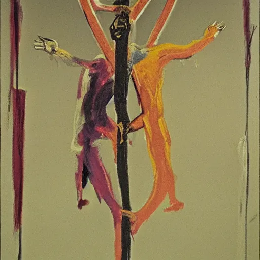 Prompt: francis bacon painting, figures at the base of a crucifixion, boris johnson