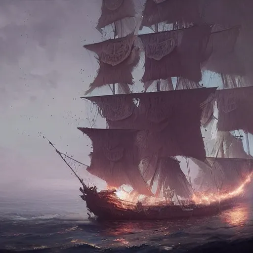 Image similar to detailed white pirate ship with hundreds of white feathers by greg rutkowski, enigmatic atmosphere, beautiful and cinematic lighting, artstation hq.