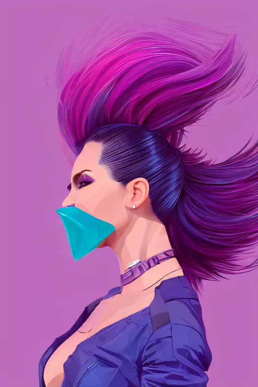 Image similar to a award winning half body porttrait of a beautiful woman in a croptop and cargo pants with ombre purple pink teal hairstyle with head in motion and hair flying, outrun, vaporware, shaded flat illustration, digital art, trending on artstation, highly detailed, fine detail, intricate