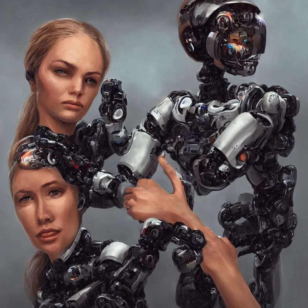 Prompt: a portrait of a woman with a robotic arm, sci-fi, trending on Artstation, character portrait