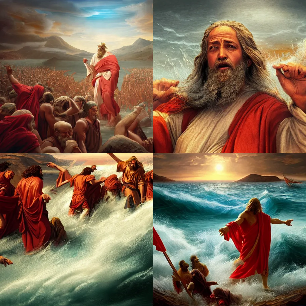 Prompt: illustration of Moses parting the Red Sea, realistic painting, classical painting, high definition, digital art, matte painting, very detailed, realistic