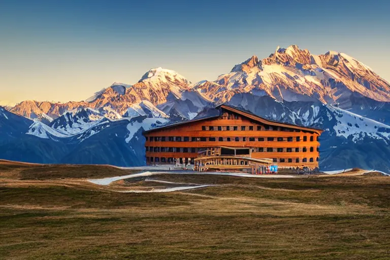 Prompt: architecture photo modern fachwerk wooden giant opera building settlement with Elbrus mountain on the background, architecture, photorealism 8k , shining and happy atmosphere, uplight, high details