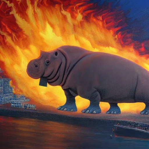 Image similar to Giant hippo over a city in flames, highly detailed painting, 4k, soft light