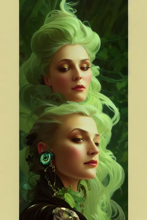 Prompt: highly detailed oil painting, ombre velvet gown, beautiful elegant dryad, beautiful face by leyendecker, feathers, long hair, muted green, dozens of jeweled necklaces, by greg rutkowski, brom, anato finnstark, alphonse mucha, cinematic lighting