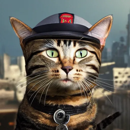 Prompt: a cat wearing a general\'s hat, it has an arrogant look in it\'s eyes and looks down at you, a war torn city in the background, epic full shot, cinematic lighting, matte painting but as photography, sharp focus, octane render, highly detailed, very realistic, photorealistic, Artstationhd, 8k, , award winning on Artstation, hyper detailed, hyper realistic