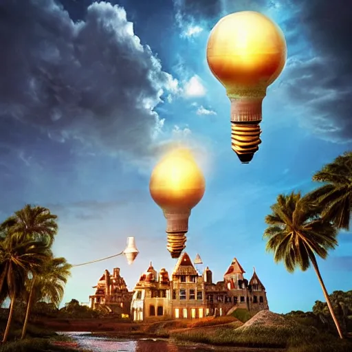 Image similar to a castle surrounded by giant palm trees on a giant floating island in the sky, giant light bulb glowing in the sky, cinematic, digital art by erik johansson, 8 k resolution, hyper detailed, sharp focus