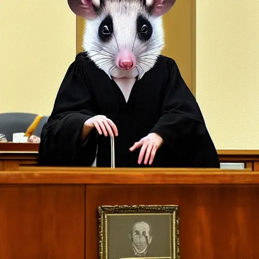 Image similar to an opossum as a judge wearing a black robe, sitting behind the desk in court, slamming his gavel, angry looking