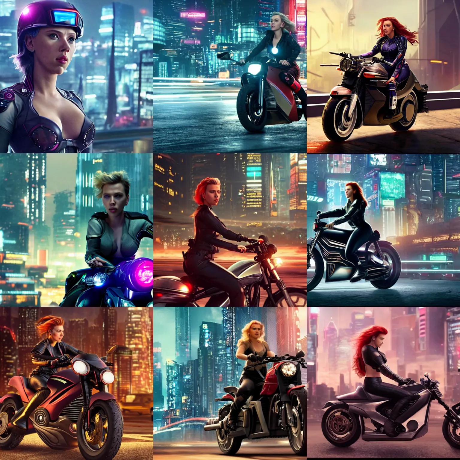 Prompt: scarlett johansson riding a futuristic motorbike in cyberpunk city, realistic, cinematic, hdr