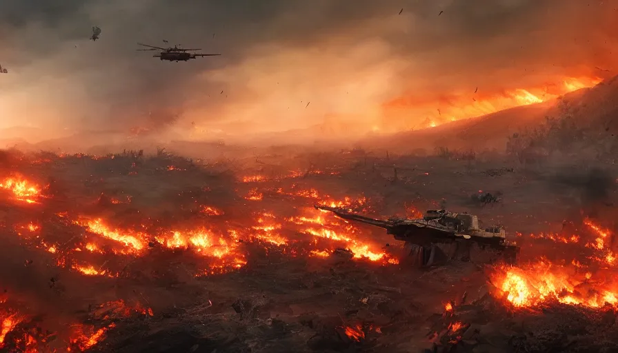 Image similar to Huge war in the burning field with tanks, troops and helicopters, smoke columns and ashes everywhere, destroyed village hyperdetailed, artstation, cgsociety, 8k