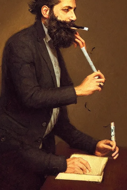 Image similar to portrait of a middle - aged writer with a beard, he is smoking a cigarette, style of greg rutkowski