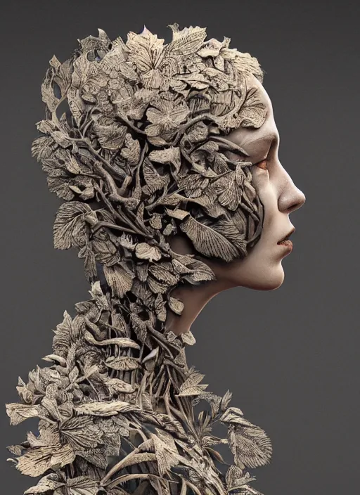 Image similar to a woman's face in profile, made of leaf skeletons, in the style of the Dutch masters and Gregory Crewdson, dark and moody intricate traditional Chinese textures, rococo decorations, hyper detail, Unreal engine,Octane render, by Karol Bak