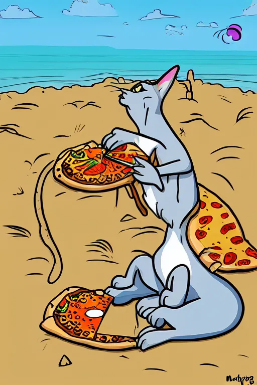 Image similar to digital drawing of a cat eating pizza on the beach by matt groening