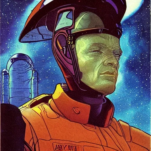 Prompt: Moebius portrait of a space mining operative, tense look, amazing sci-fi portrait, 1980s sci-fi