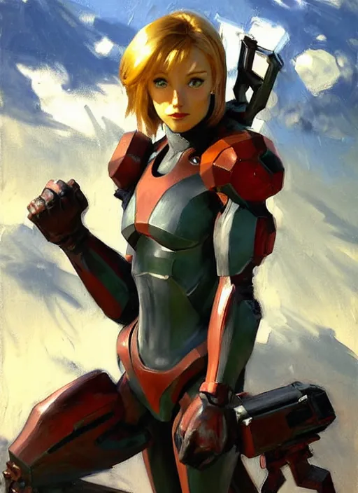 Image similar to Greg Manchess painting of Samus from Metroid Prime, countryside, calm, fantasy character portrait, dynamic pose, above view, sunny day, thunder clouds in the sky, artwork by Jeremy Lipkin and Giuseppe Dangelico Pino and Michael Garmash and Rob Rey, very coherent asymmetrical artwork, sharp edges, perfect face, simple form, 100mm