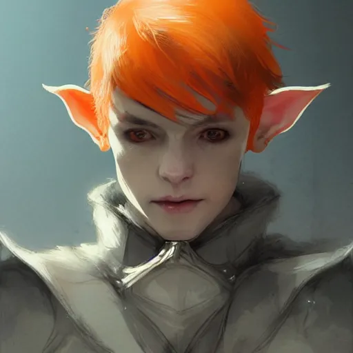 Prompt: portrait of a Short elf with grey skin, orange/red hair, elf ears, their eyes are completely yellow, they have deer like legs, and they are both masc and femme equally dramatic lighting, illustration by Greg rutkowski, yoji shinkawa, 4k, digital art, concept art, trending on artstation