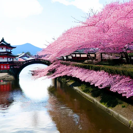 Prompt: 3D picture of a traditional Japan town with cherry blossoms in full bloom on both sides of the river.