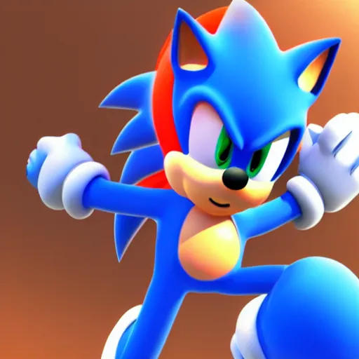 Image similar to a 3 d render of mario wearing a sonic suit, blue spiky hair