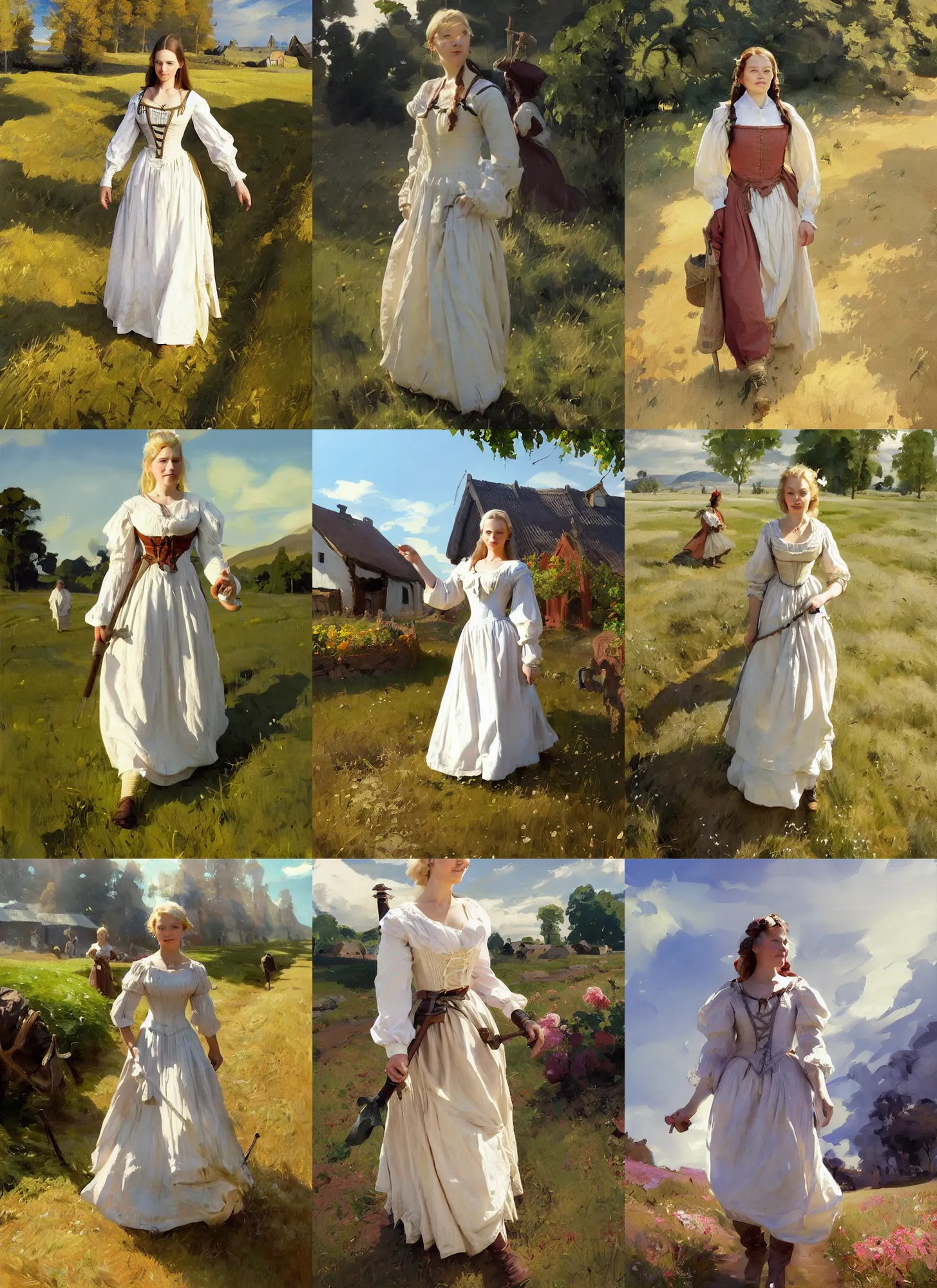 Prompt: finnish norway scandinavian attractive village maiden wearing 1 7 th century bodice walking in the field in a sunny day, jodhpurs greg manchess painting by sargent and leyendecker, studio ghibli, fantasy, medium shot, asymmetrical, intricate, elegant, matte painting, illustration, hearthstone, by greg rutkowski by craig mullins, by peggi kroll roberts