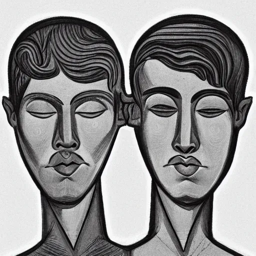 Prompt: perfectly centered symmetrical split male and female portrait of man and woman in love sharing one heart. illustration, highly detailed, simple, no jagged lines, smooth, artstation, artwork by william zorach