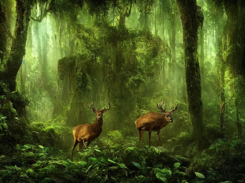 Prompt: a fantasy beautiful dense biorelevant rainforest setting, ultrawide angle, a deer radiating dramatic light, cinematic lighting, extremely emotional, extremely dramatic, surround it with pixie dust ether floating in the air, hdr, epic scale, cmyk, deep spectrum color