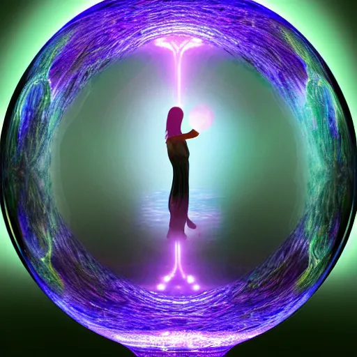 Image similar to psychonautist in a crystal sphere, digital painting, award winning, volumetric lighting