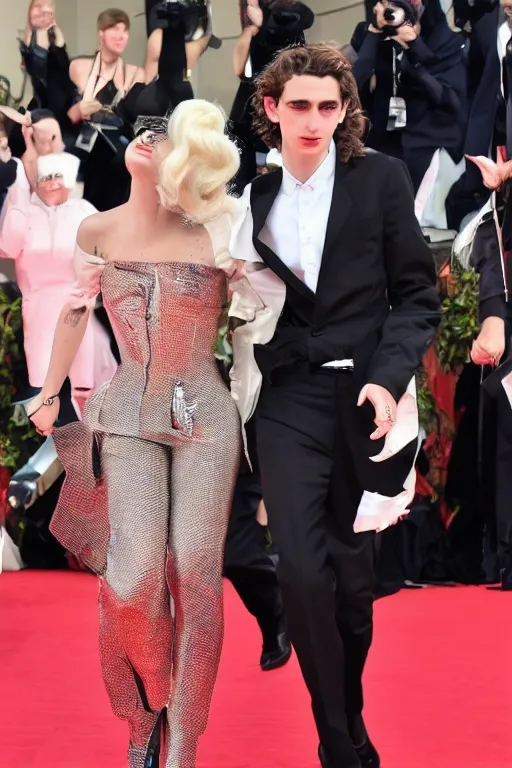 Image similar to timothee chalamet and lady gaga holding hands on the red carpet, beautiful detailed faces